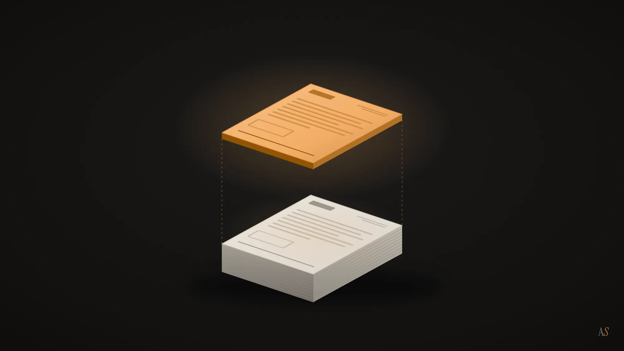 An amber printing plate lifted above a neat stack of identical pale sheets on a dark background.