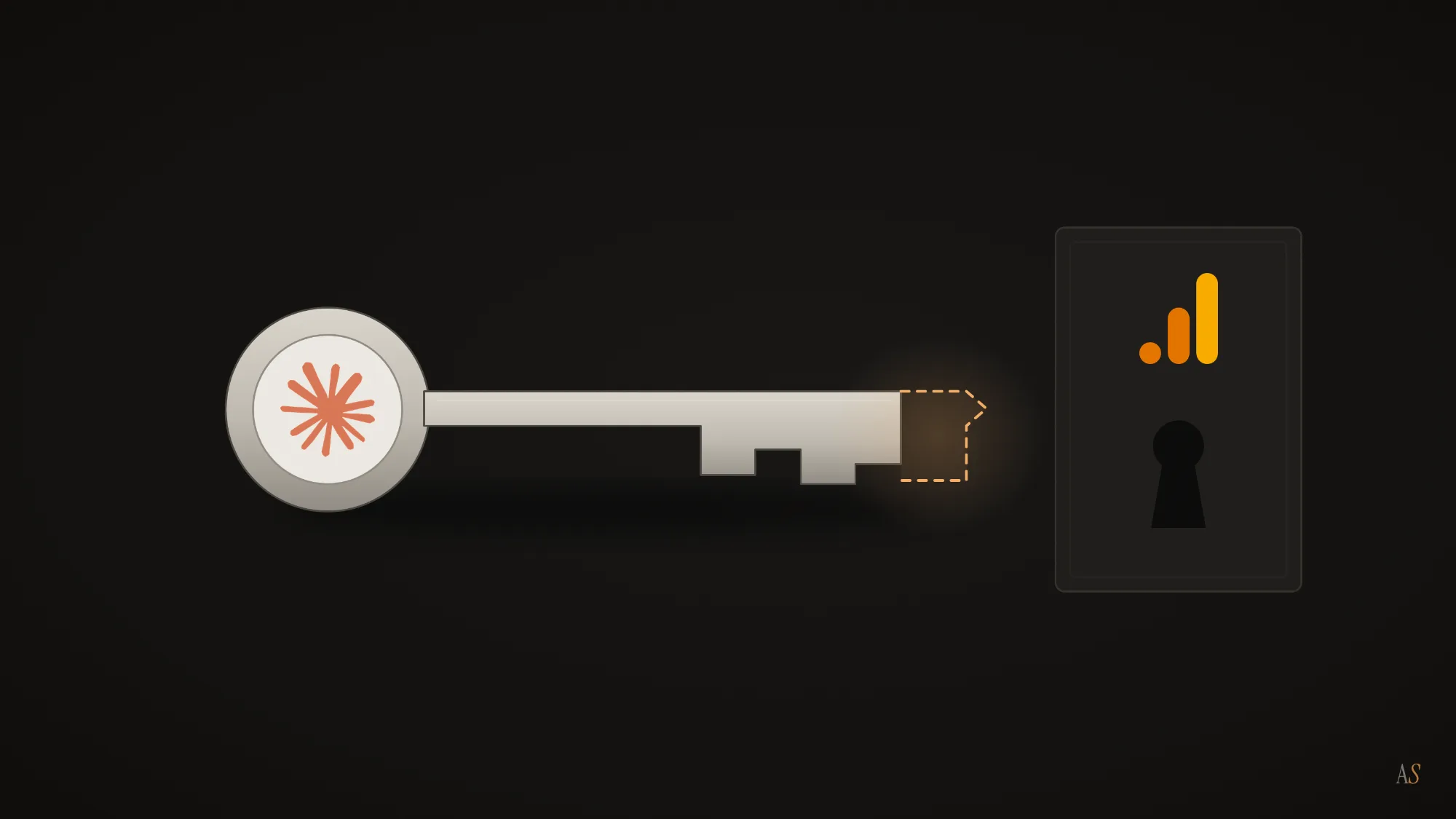 A pale key whose tip is missing, outlined in amber dashes, beside a closed keyhole plate on a dark background.